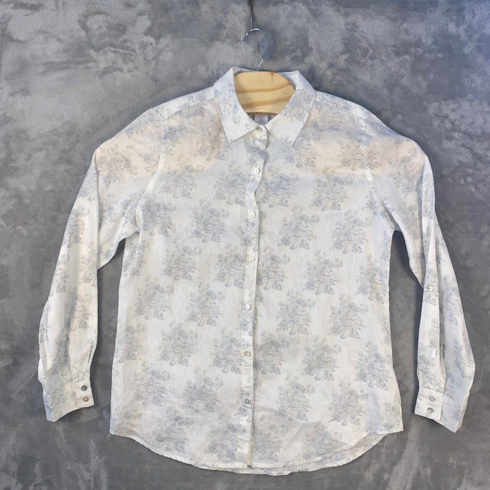 Shabby Chic Button Down Shirt Womens‎ Size M White Blue Floral 100% Linen Toile